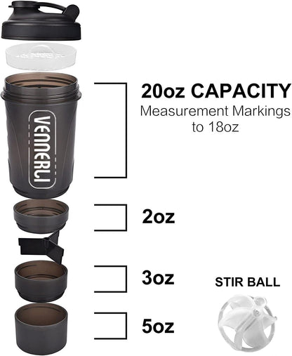 Protein Shaker Bottle 20Oz Shaker Cup with Ball Shaker Bottle for Protein Mixes 600Ml Gym Water Bottle with Storage Bpa-Free Sports Water Bottle for Fitness, Traveling, Indoor and Outdoor Activity (Black)