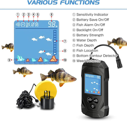 Portable Water Fish Finder Transducer Wired Handheld Depth Finder Sonar LCD Display Fish Finders Kayak FF068