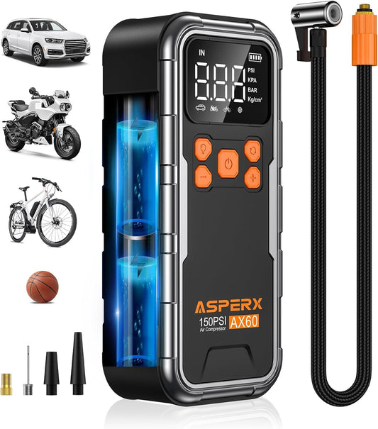 Tire Inflator Portable Air Compressor, 150PSI Cordless Air Pump for Car Tires, 3X Faster Air Inflator Tire Pump with Digital Pressure Gauge and Emergency LED Light for Motorcycle Bike Ball Car