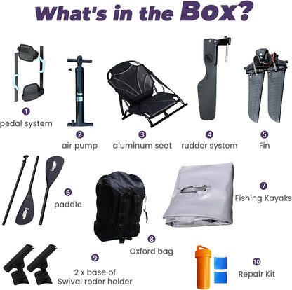 Inflatable Fishing Kayak for Adults - 1 Person, Pedal Drive, Folding, with Movable Seat, Hand Pump & Paddle & Oxford Bag, 410Lbs Capacity