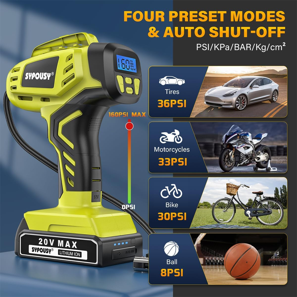 Tire Inflator Portable Air Compressor,Digital Cordless Tire Inflator,2X Faster Car Tire Pump with 20V Rechargeable Battery,Dual Power Supply Modes,Air Pump for Car Tires,E-Bike Etc.