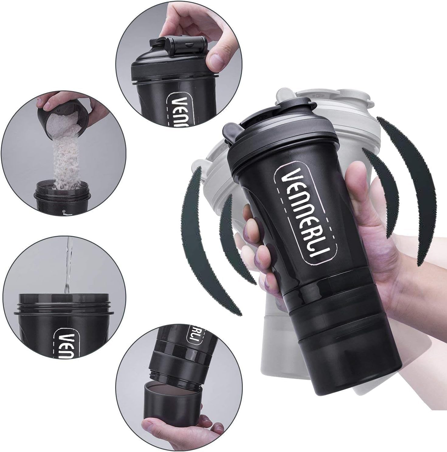 Protein Shaker Bottle 20Oz Shaker Cup with Ball Shaker Bottle for Protein Mixes 600Ml Gym Water Bottle with Storage Bpa-Free Sports Water Bottle for Fitness, Traveling, Indoor and Outdoor Activity (Black)