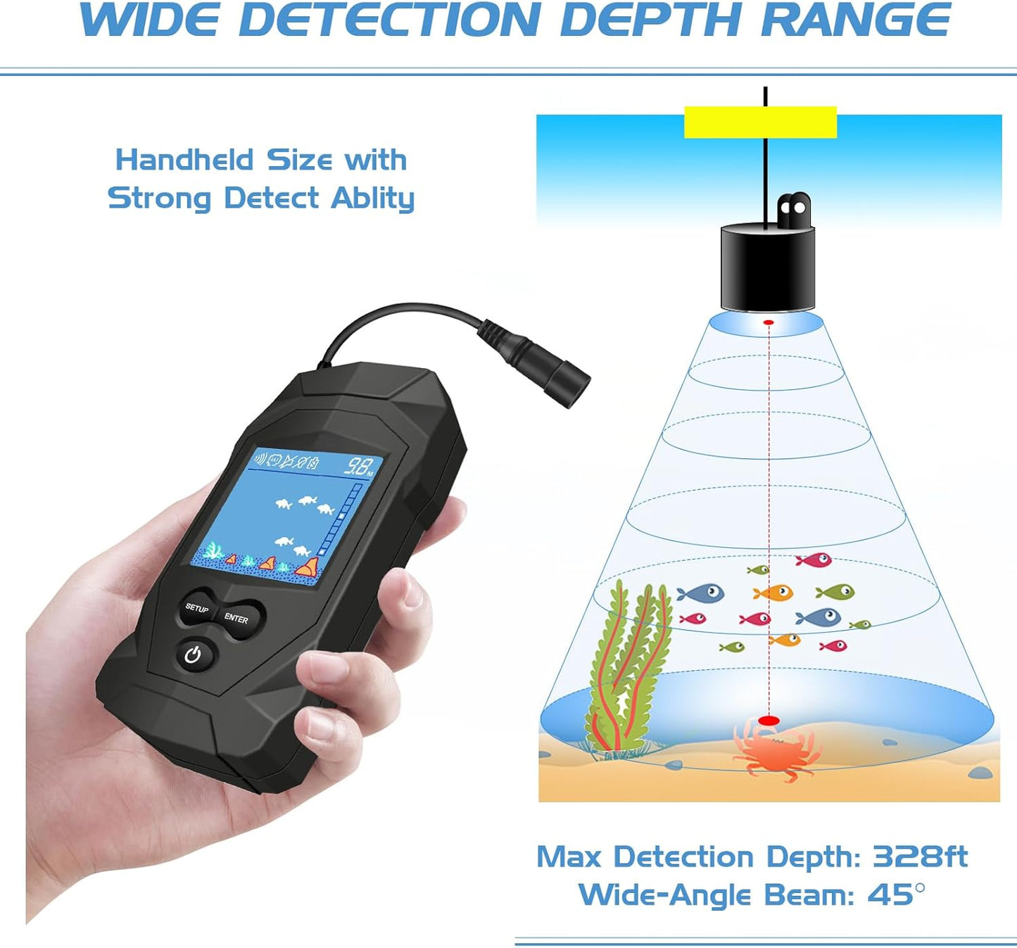 Portable Water Fish Finder Transducer Wired Handheld Depth Finder Sonar LCD Display Fish Finders Kayak FF068