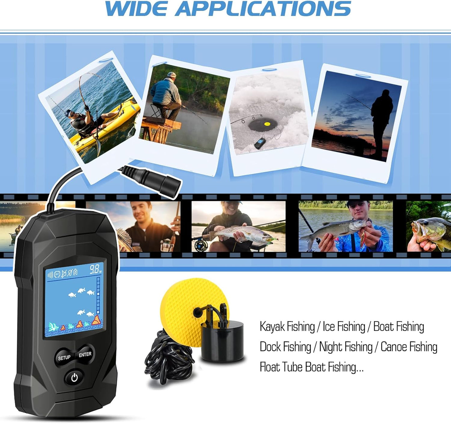 Portable Water Fish Finder Transducer Wired Handheld Depth Finder Sonar LCD Display Fish Finders Kayak FF068