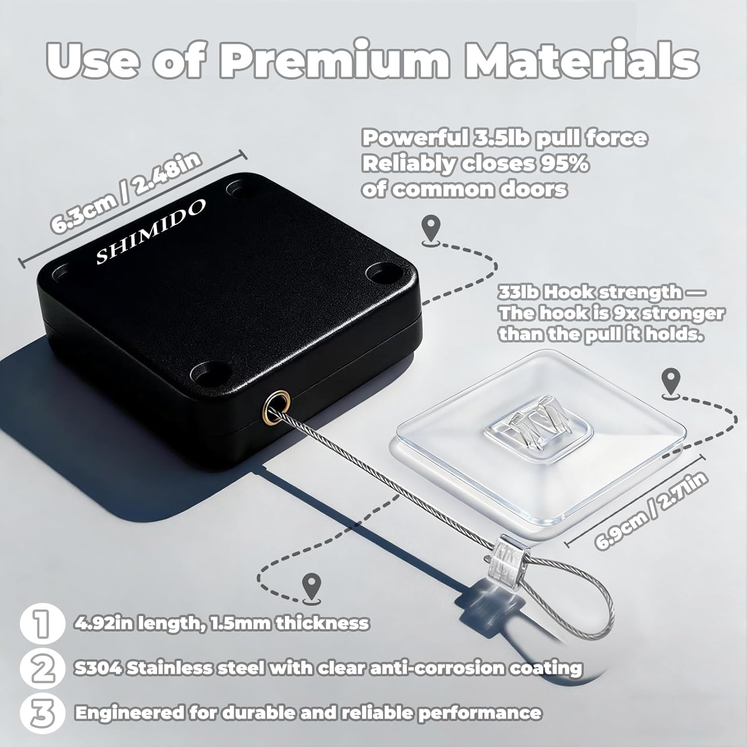 SHIMIDO Ferme-Porte Automatique Rétractable, Installation Sans Outil, Puissance 1.5kg, Universel et Fiable