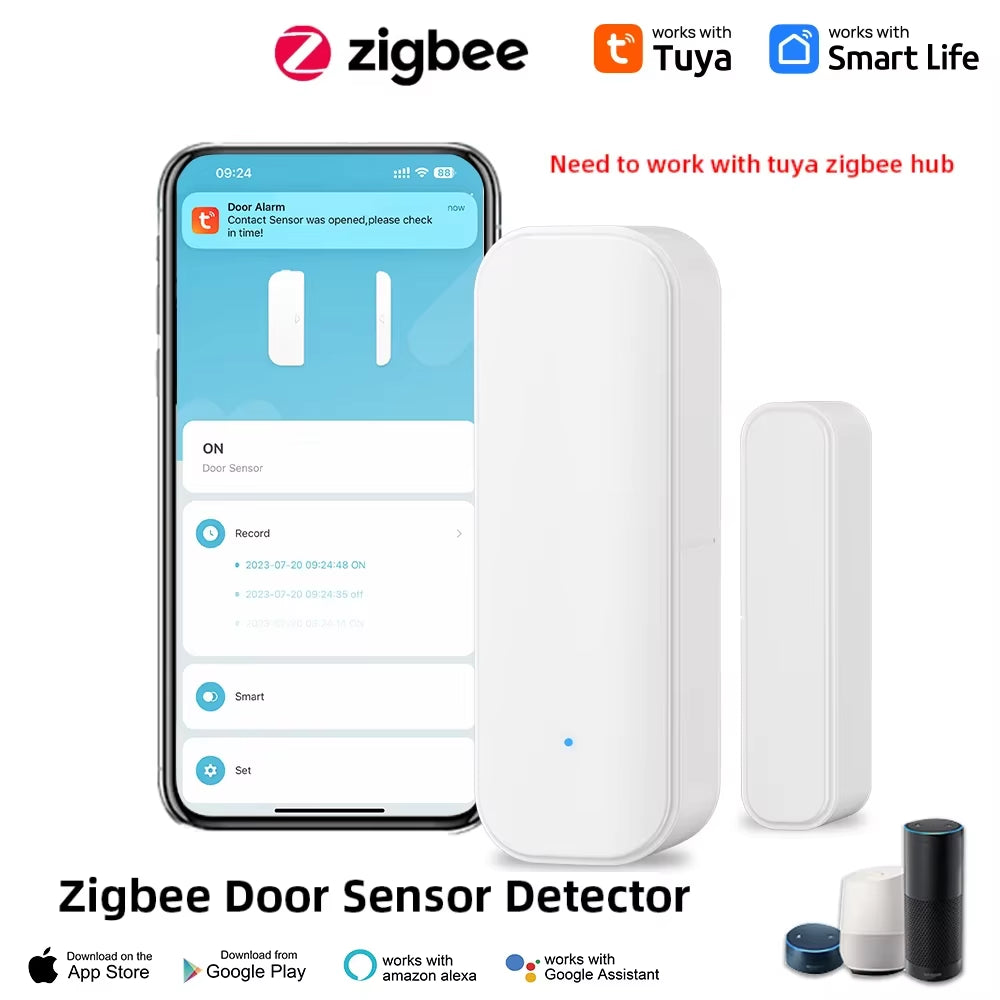 Zigbee or Wifi Window Door Sensor with Battery Tuya Smart Home Security Alarm System Voice Control via Alexa Google Home Smart