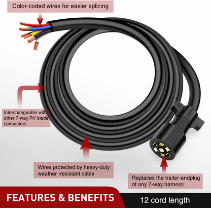 12Feet 7Way Heavy Duty 7 Pin Plug Inline Trailer Cord for Truck Camper Blade Molded RV Cable Wire Weatherproof & Corrosion Resistant-12Ft, 2 Years Warranty