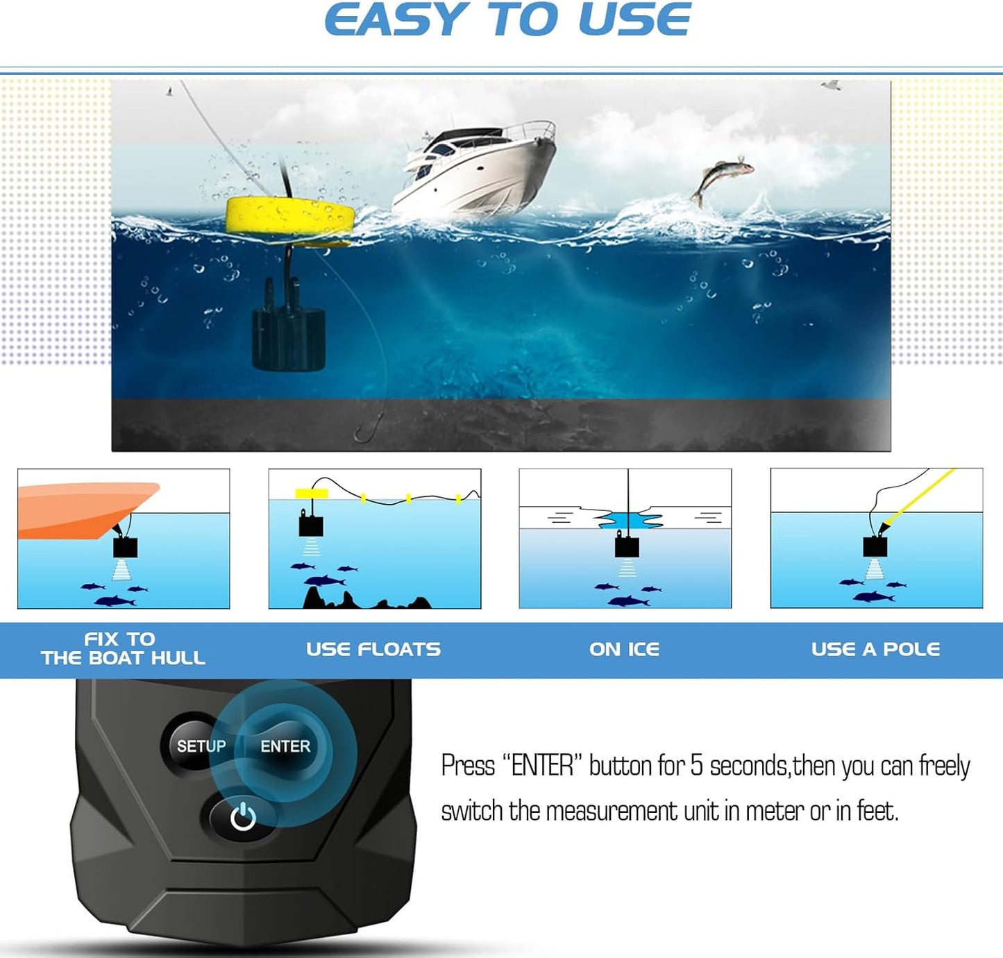 Portable Water Fish Finder Transducer Wired Handheld Depth Finder Sonar LCD Display Fish Finders Kayak FF068