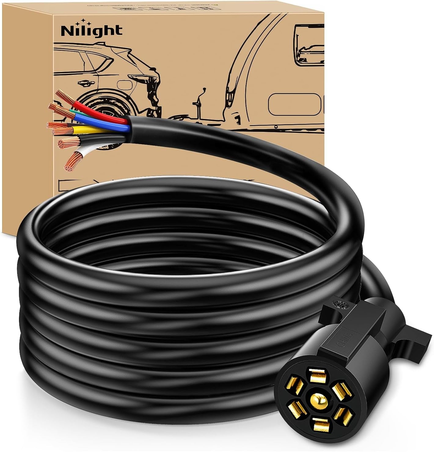 12Feet 7Way Heavy Duty 7 Pin Plug Inline Trailer Cord for Truck Camper Blade Molded RV Cable Wire Weatherproof & Corrosion Resistant-12Ft, 2 Years Warranty