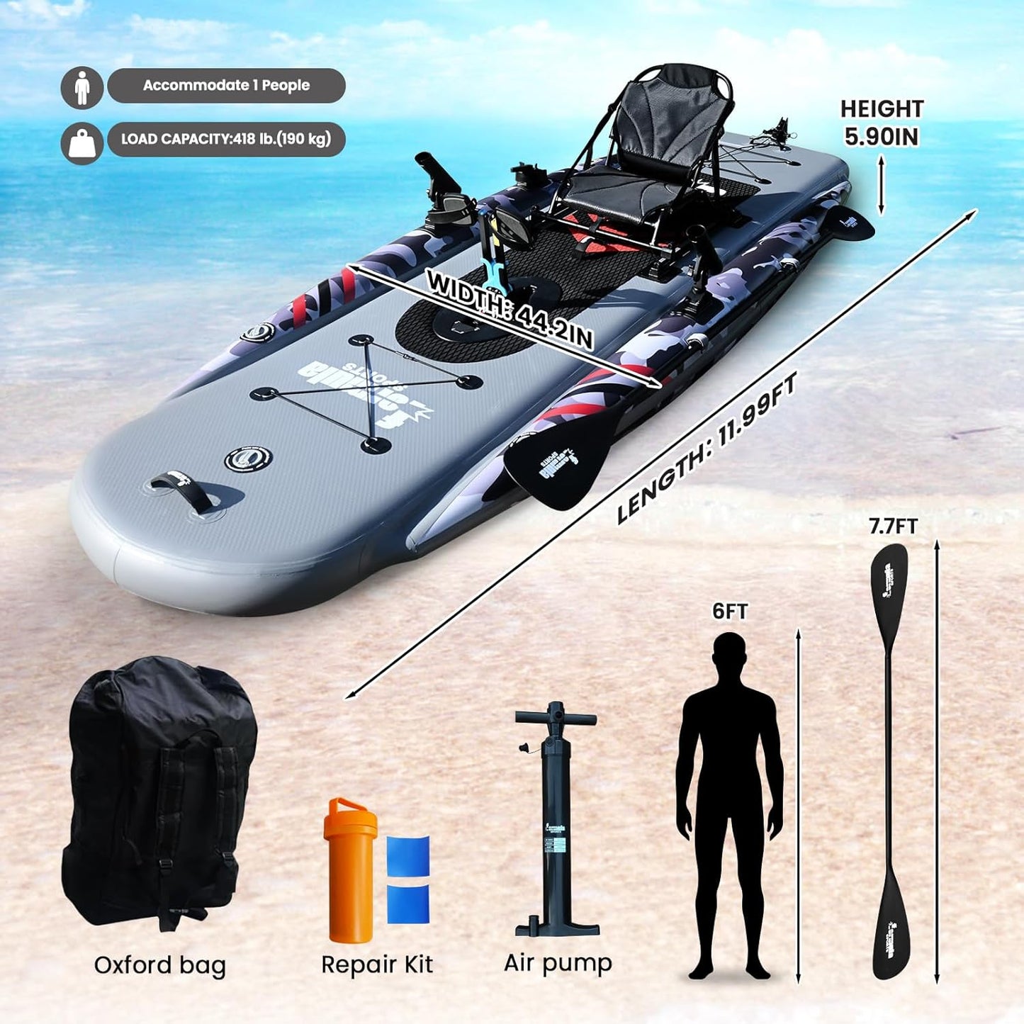 Inflatable Fishing Kayak for Adults - 1 Person, Pedal Drive, Folding, with Movable Seat, Hand Pump & Paddle & Oxford Bag, 410Lbs Capacity